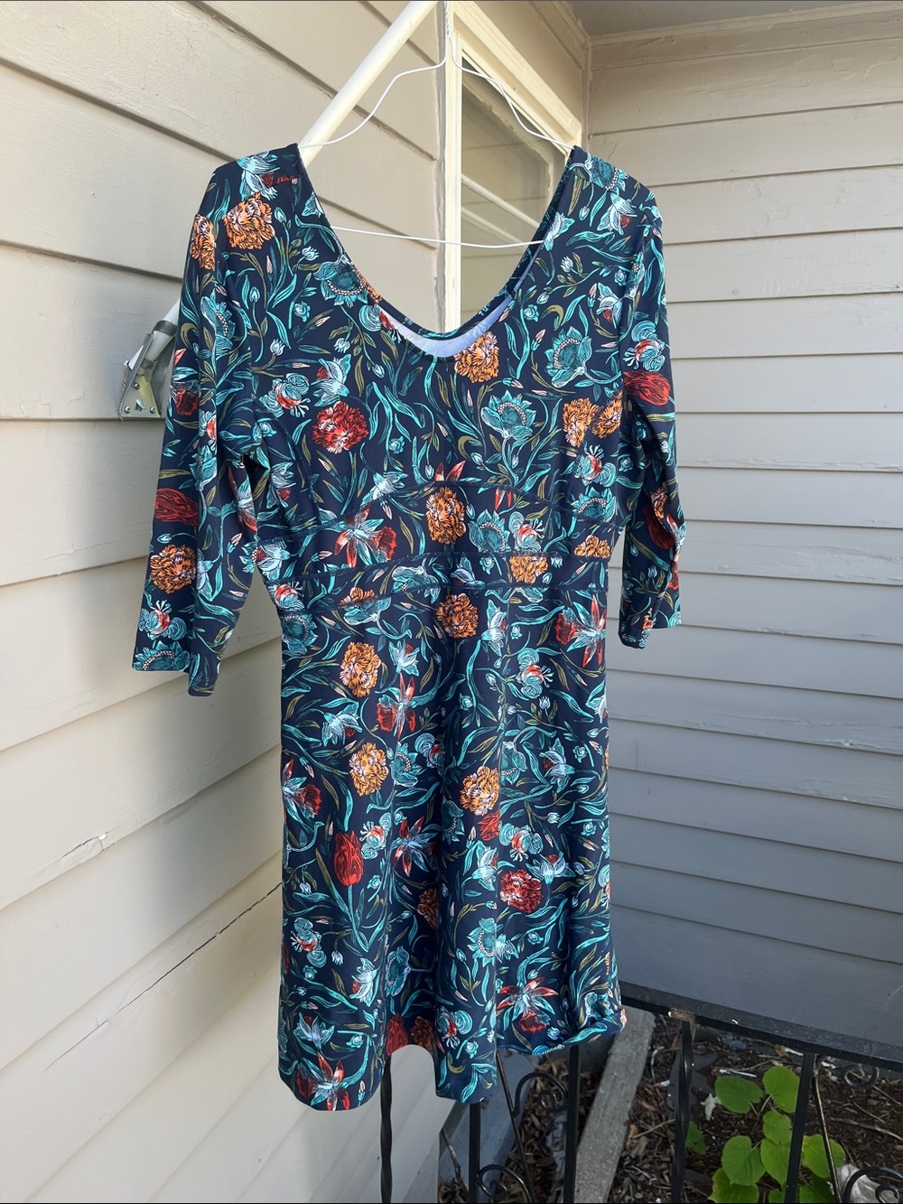 Title Nine Navy Floral Midi Dress with Teal & Orange Accents